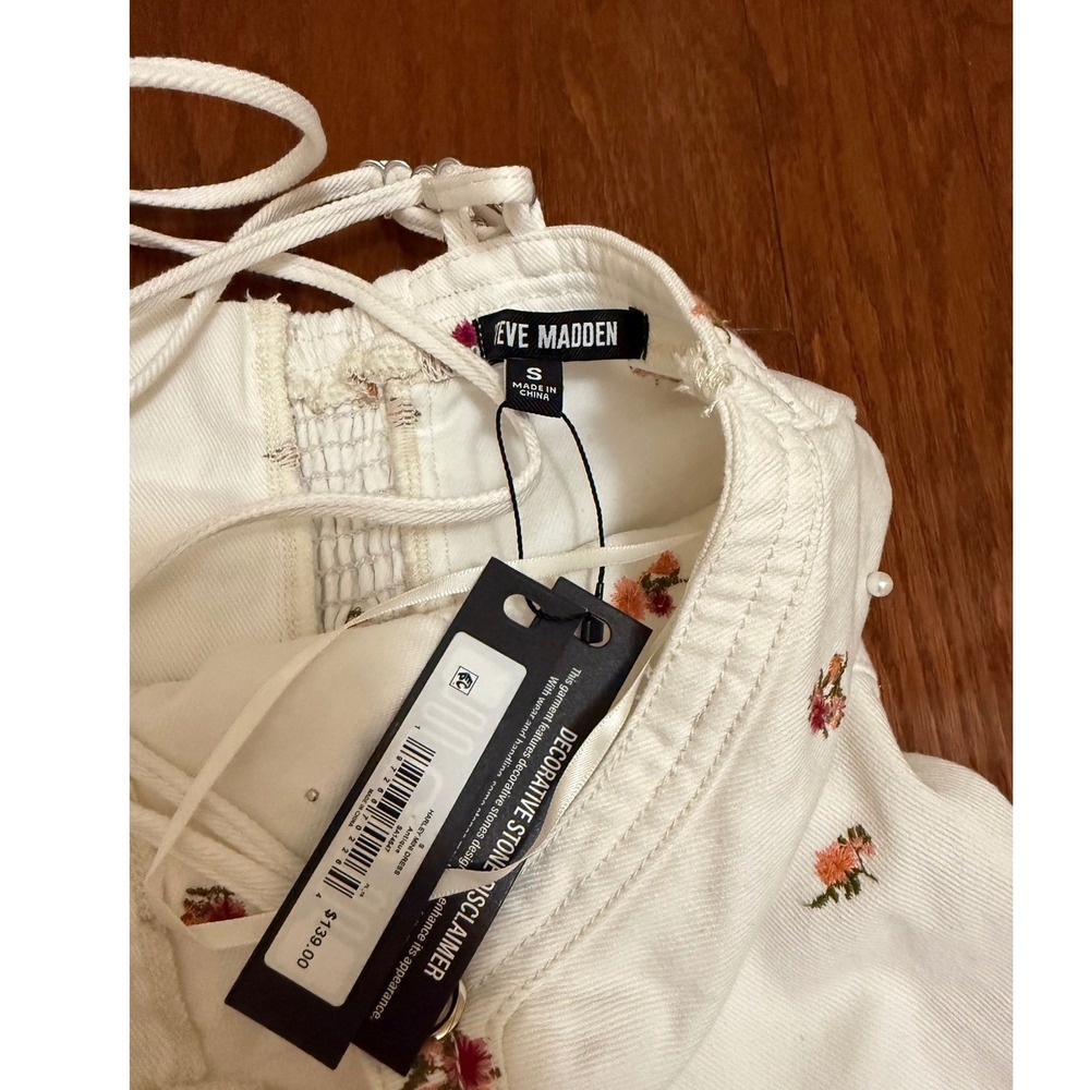 Steve Madden Harley Mini Dress Antique White Floral Pearl Denim Small NEW - Picture 2 of 6